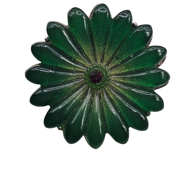 Vtg Green Floral Molded Glass Brooch Purple Rhinestone Silver Tone Pin Flower - Picture 2 of 9
